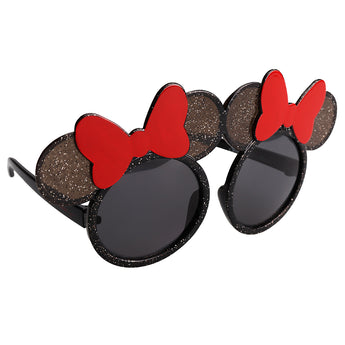 Sunstaches Lil Characters sunglasses offer a sparkly Minnie Mouse look with round lenses, glittery ears, red bows, and UV400 protection!.