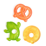 Water Filled Teether, Silly Foods: green pickle, orange pretzel, and yellow waffle shaped teethers with faces.