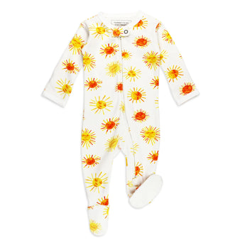 Lovedbaby Organic 2-Way Zipper Footie in Suns design: eco-friendly, colorful, organic cotton.