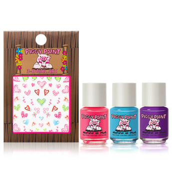 Three bottles of Piggy Paint Gift Set Unicorn Fairy sit beside 3D heart-themed nail art stickers. Non-toxic, water-based formula.