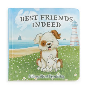 Cover of Best Friends Indeed Board Book: A Story About Friendship with dog, bunny, and lighthouse illustration.