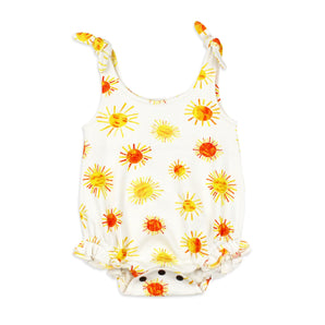 Lovedbabys Organic Ruffle Bodysuit, Suns features playful patterns, organic cotton, ruffled legs, and tie straps.