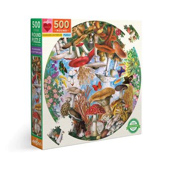 Eeboos 500 Piece Puzzle, Mushrooms and Butterflies, features recycled materials and vibrant illustrations in a whimsical garden theme.