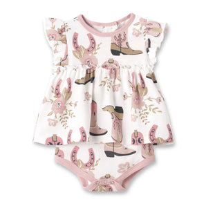 Tesa Babes Skirted Bodysuit features cowgirl boots, flutter sleeves, and floral patterns in pink and white.