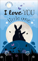 The I Love You Little One Board Book by Random House features rabbit silhouettes, a moonlit sky, butterflies, and a sweet message.