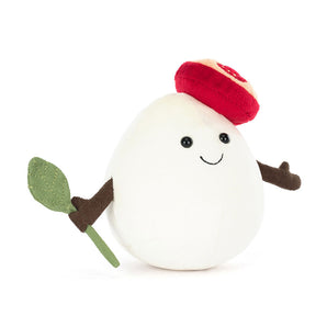 Jellycat Amuseables Mozzarella: a cute plush shaped like mozzarella with a red hat, smiling face, and green leaf arms.