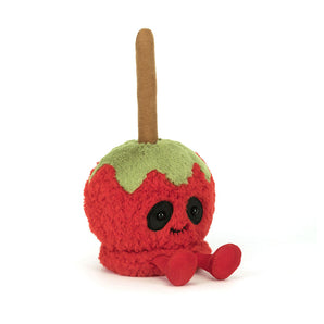 Jellycat Amuseables Toffee Apple plush features green topping, big black eyes, and red feet for a cute upright look.