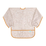 Bumkins Long-Sleeved Art Smock: Wander—beige waterproof fabric with white abstract design, orange trim, front pocket, and adjustable tie closure.