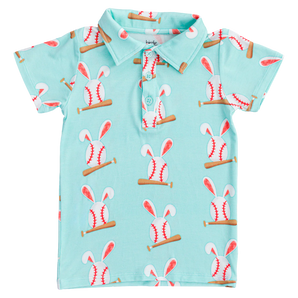 Birdie Beans Baseball Bunnies Polo Shirt: Turquoise childrens wear made from breathable bamboo cotton, featuring a fun pattern.