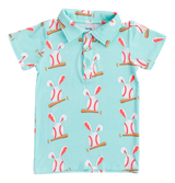 Birdie Beans Baseball Bunnies Polo Shirt: Turquoise childrens wear made from breathable bamboo cotton, featuring a fun pattern.