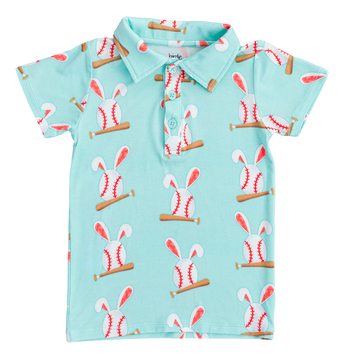 Birdie Beans Baseball Bunnies Polo Shirt: Turquoise childrens wear made from breathable bamboo cotton, featuring a fun pattern.