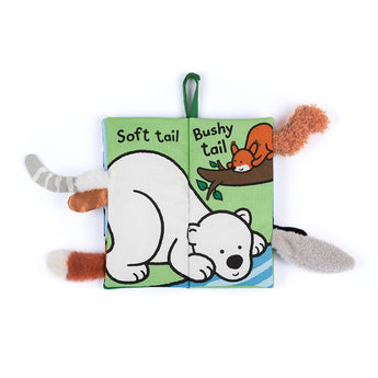 Jellycats Winter Tails Cloth Book is a touch-and-feel story featuring a polar bear with a Soft tail and squirrel with Bushy tail.