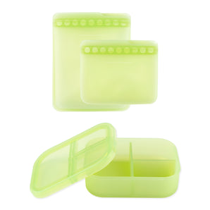 Bumkins Silicone Bento Box 3 Section & Flat Reusable Bag Set: Green Jelly includes two snap bags & one divided open container.