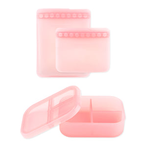 Bumkins Silicone Bento Box 3 Section & Flat Reusable Bag Set in Pink Jelly: 1 divided box, 2 flat bags.