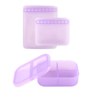 Bumkins Silicone Bento Box 3 Section & Flat Reusable Bag Set in Purple Jelly shown with lid open, all on a white background.