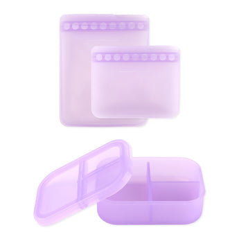 Bumkins Silicone Bento Box 3 Section & Flat Reusable Bag Set in Purple Jelly shown with lid open, all on a white background.