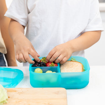 A child uses a Bumkins Silicone Bento Box 3 Section: Blue Jelly to pack grapes, berries, and a sandwich on a kitchen counter.
