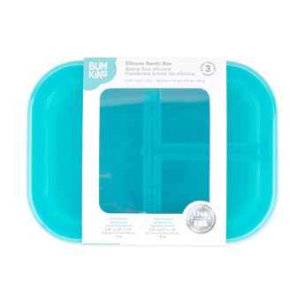 Bumkins Silicone Bento Box 3 Section: Blue Jelly is shown with a cardboard packaging band around the middle.
