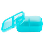 Bumkins Silicone Bento Box 3 Section: Blue Jelly, with 3 sections and leak-resistant lid, is made with LFGB-grade silicone.