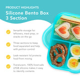 Bumkins Silicone Bento Box 3 Section highlights—versatile storage, 3 sections, leak-resistant lid, translucent 100% food-safe LFGB silicone.