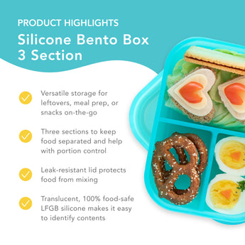 Bumkins Silicone Bento Box 3 Section highlights—versatile storage, 3 sections, leak-resistant lid, translucent 100% food-safe LFGB silicone.