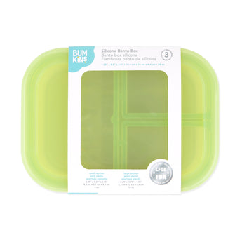 Bumkins Silicone Bento Box 3 Section: Green Jelly is shown with a cardboard packaging band around the middle.