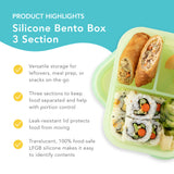 Bumkins Silicone Bento Box 3 Section highlights—versatile storage, 3 sections, leak-resistant lid, translucent 100% food-safe LFGB silicone.