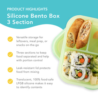 Bumkins Silicone Bento Box 3 Section highlights—versatile storage, 3 sections, leak-resistant lid, translucent 100% food-safe LFGB silicone.
