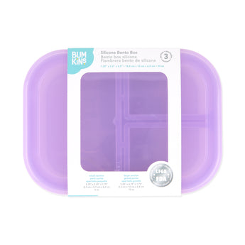 Bumkins Silicone Bento Box 3 Section: Purple Jelly is shown with a cardboard packaging band around the middle.