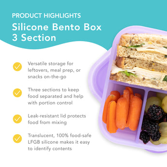 Bumkins Silicone Bento Box 3 Section highlights—versatile storage, 3 sections, leak-resistant lid, translucent 100% food-safe LFGB silicone.