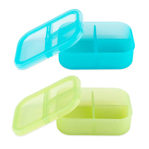 Two Bumkins Silicone Bento Boxes in Aqua Jelly, each with 3 sections and lids, shown on a white background.