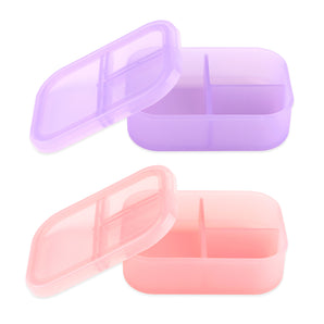 Two Bumkins Silicone Bento Boxes, Magenta Jelly, with 3 sections each and matching lids, both lids partially open.