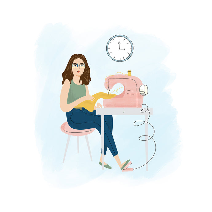 Illustration of a woman with glasses sewing fabric on a pink sewing machine. She sits on a pink stool wearing a green top and blue jeans. A wall clock shows 2 oclock above her against a light blue background.