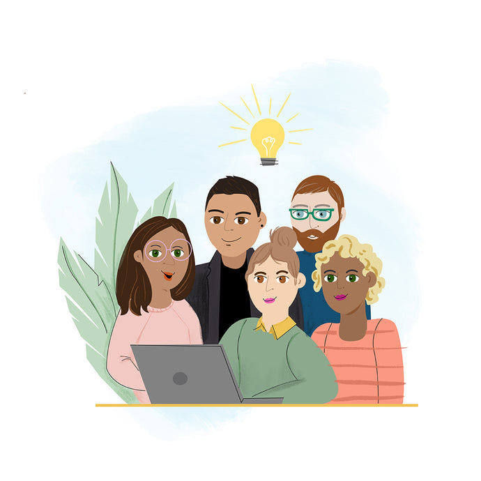 Illustration of five diverse people gathered around a laptop, with a light bulb above them symbolizing an idea. The background features soft blue tones and large leaves.
