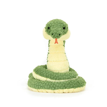 Vivid and soft, the Jellycat Cizi Snake has textured scales, a cream belly, and an orange tongue on a white backdrop.