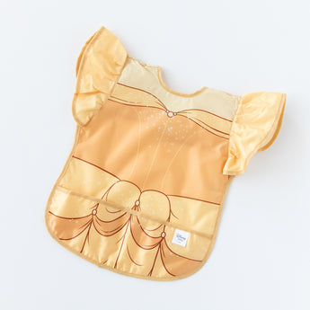 Bumkins Ruffle Apron Bib: Belle lays flat on a white background.