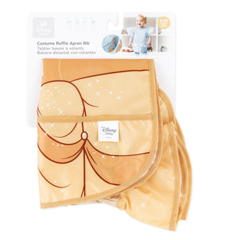 Bumkins Ruffle Apron Bib: Belle is shown folded on a white cardboard packaging header.