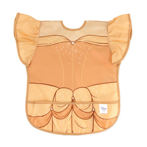 Bumkins Ruffle Apron Bib: Belle is a waterproof bib with a yellow princess dress design, ruffle sleeves, and front pocket.