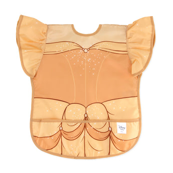 Bumkins Ruffle Apron Bib: Belle is a waterproof bib with a yellow princess dress design, ruffle sleeves, and front pocket.