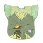Bumkins Ruffle Apron Bib: Tiana is a waterproof bib with a green princess dress design, ruffle sleeves, and front pocket.