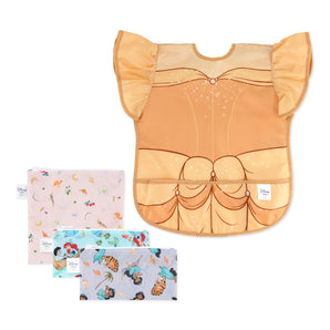Bumkins Snack In Character 4-Piece Set: Disney Princess Magic Belle—a waterproof bib and 3 waterproof pouches with princess designs.