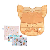 Bumkins Snack In Character 4-Piece Set: Disney Princess Magic Belle—a waterproof bib and 3 waterproof pouches with princess designs.