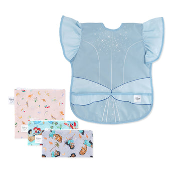 Bumkins Snack In Character 4-Piece Set: Disney Princess Magic Cinderella—a waterproof bib and 3 waterproof pouches with princess designs.