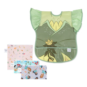 Bumkins Snack In Character 4-Piece Set: Disney Princess Magic Tiana—a waterproof bib and 3 waterproof pouches with princess designs.