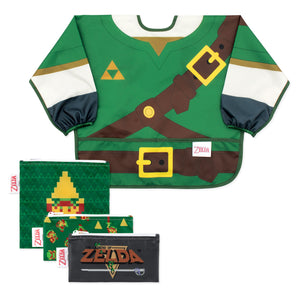 Bumkins Snack In Character 4-Piece Set: Nintendo Zelda—a waterproof bib and 3 waterproof pouches with video game character designs.