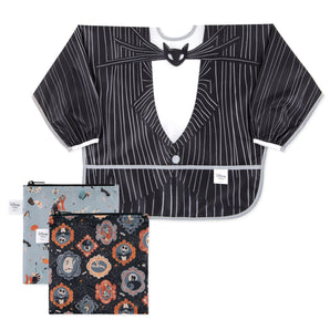 Bumkins Snack In Character 3-Piece Set: Disney Everyday Is Halloween Jack—a waterproof bib & 2 waterproof pouches with Halloween designs.