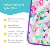 Bumkins Splat Mat highlights—protect your surfaces from messes, machine washable, great for under chairs, Bumkins' signature waterproof fabric.