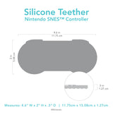 Bumkins Silicone Teether: Nintendo SNES™ Controller with dimensions—width: 4.6 in (11.75 cm), height: 2 in (5.08 cm), depth: 0.5 in (1.27 cm).