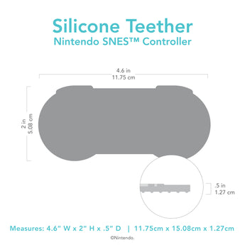 Bumkins Silicone Teether: Nintendo SNES™ Controller with dimensions—width: 4.6 in (11.75 cm), height: 2 in (5.08 cm), depth: 0.5 in (1.27 cm).