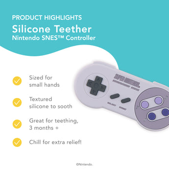 Bumkins Silicone Teether highlights—sized for small hands, textured silicone to sooth, great for teething 3 months+, chill for extra relief!